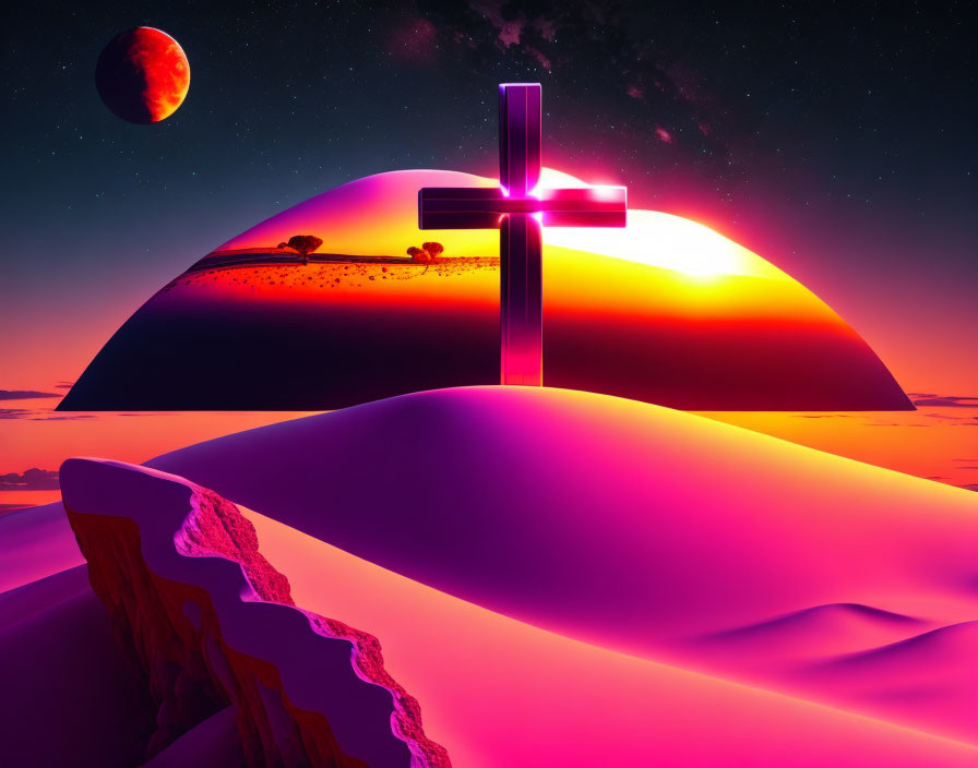 Glowing cross on sand dunes under cosmic sky with setting sun and radiant planet