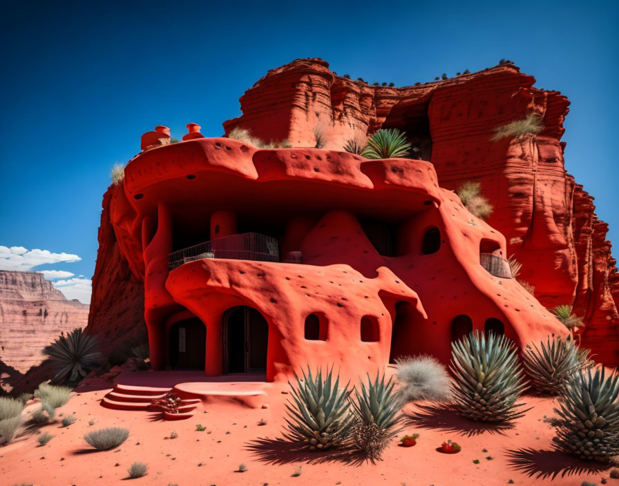 Red Sandstone House with Curved Windows Amidst Desert Flora