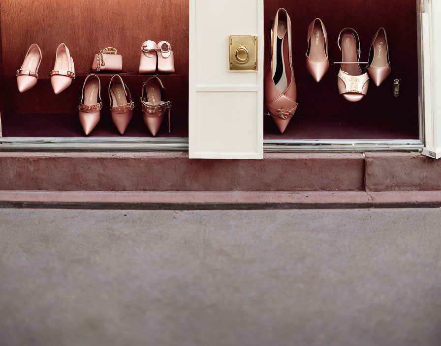 Stylish Rose Gold Shoes and Bags on Steps by White Door