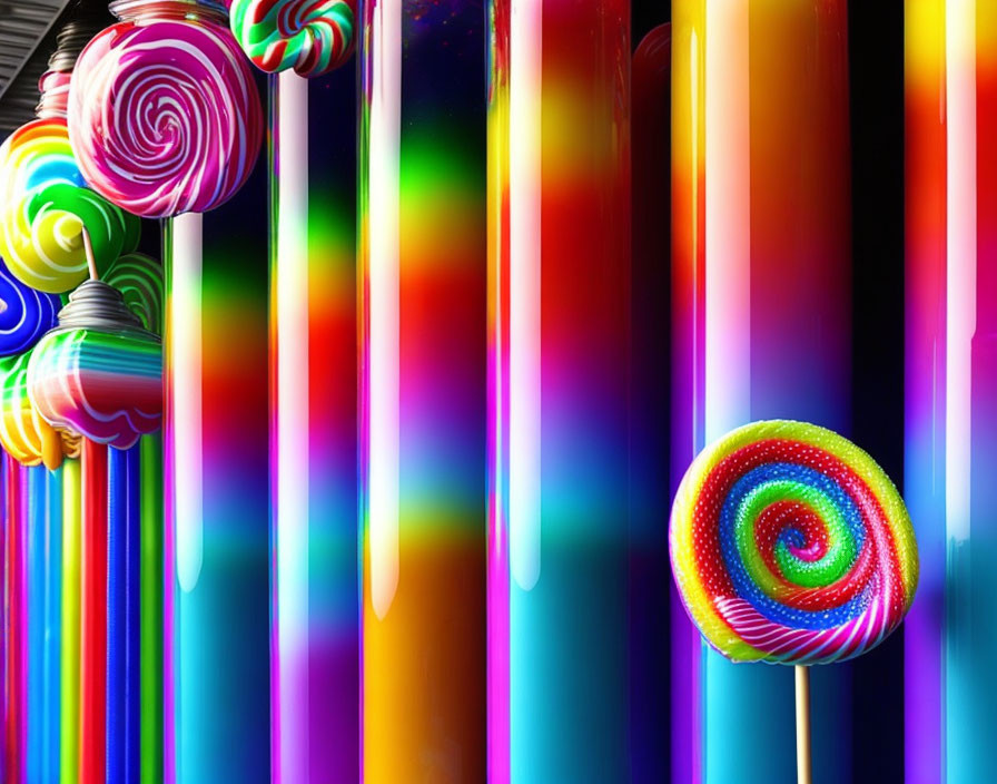 Vibrant Swirl Lollipops on Colorful Striped Background