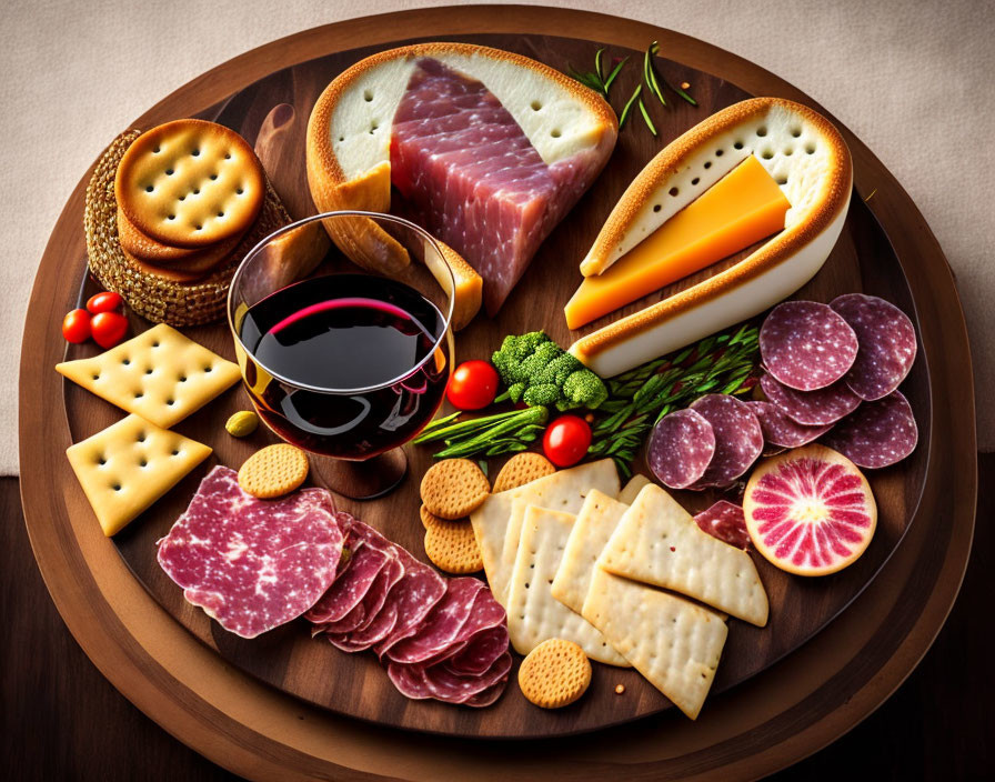 Assorted meats, cheeses, crackers, and red wine on charcuterie board