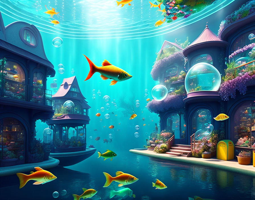 Colorful fish swim in ornate underwater city scene