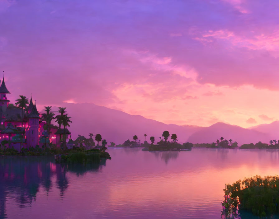 Castle by Tranquil Lake at Purple Sunset with Mountains & Palm Trees