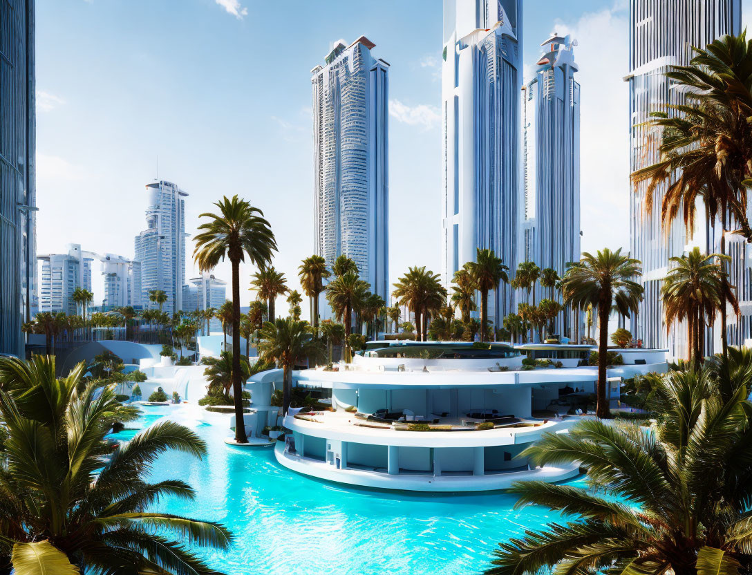 Luxurious cityscape with tall skyscrapers and palm trees by a circular pool.