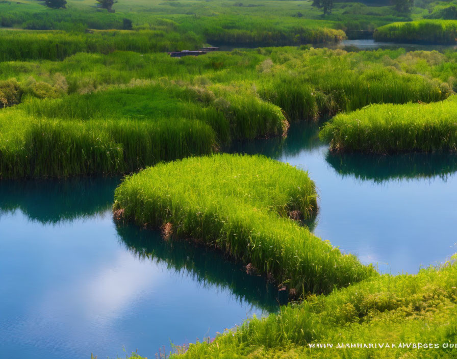 Serpentine green grass patterns by winding river and blue water