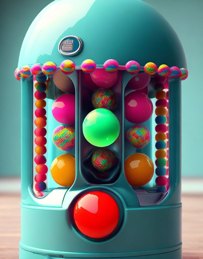 Colorful Vintage Gumball Machine with Teal Body & Multicolored Gumballs