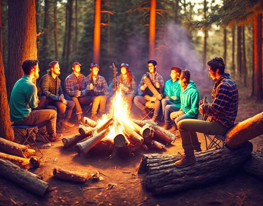 People sitting around campfire in forest at twilight in casual outdoor clothing