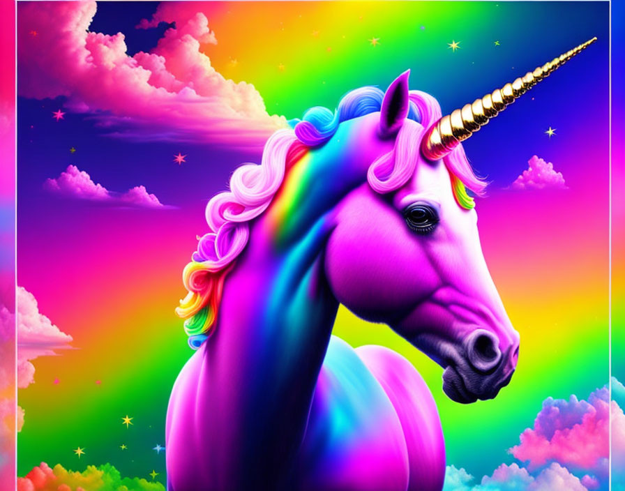 Colorful Unicorn Artwork with Rainbow Mane and Golden Horn