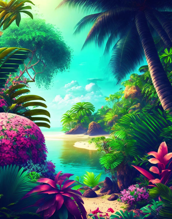 Tropical Beach Scene with Palm Trees and Flowers