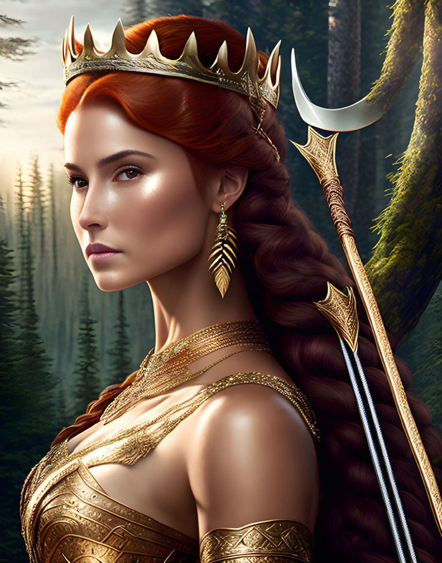 Regal woman with braided hair and gold crown in forest setting