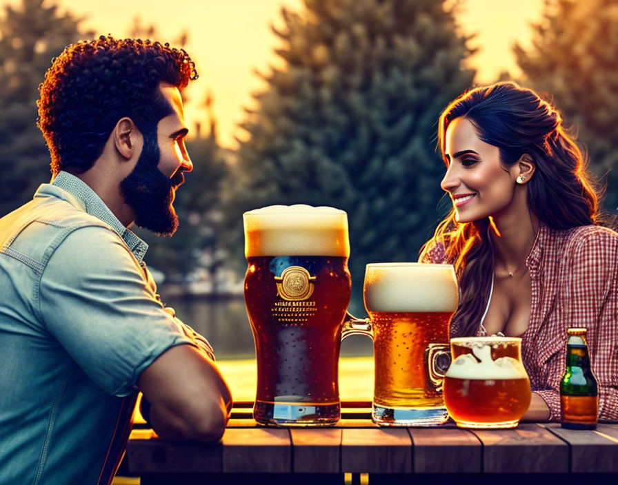 Man and woman enjoying beer at outdoor table at sunset