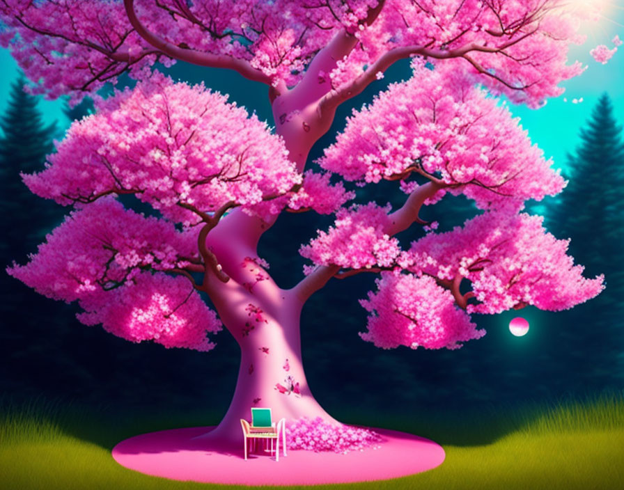 Vibrant night scene: Pink cherry blossom tree in full bloom with glowing ambiance and a solitary chair