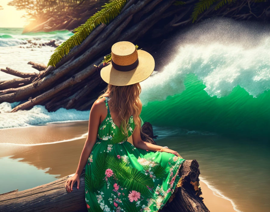 Woman in Green Floral Dress and Straw Hat Sitting by Sea with Waves