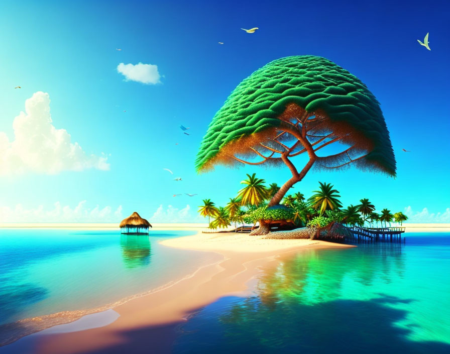 Tropical Island with Unique Tree, Palm Trees, Azure Waters, and Birds