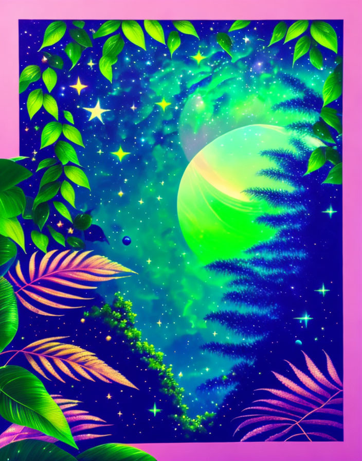 Colorful Cosmic Scene with Green Planet and Neon Pink Background