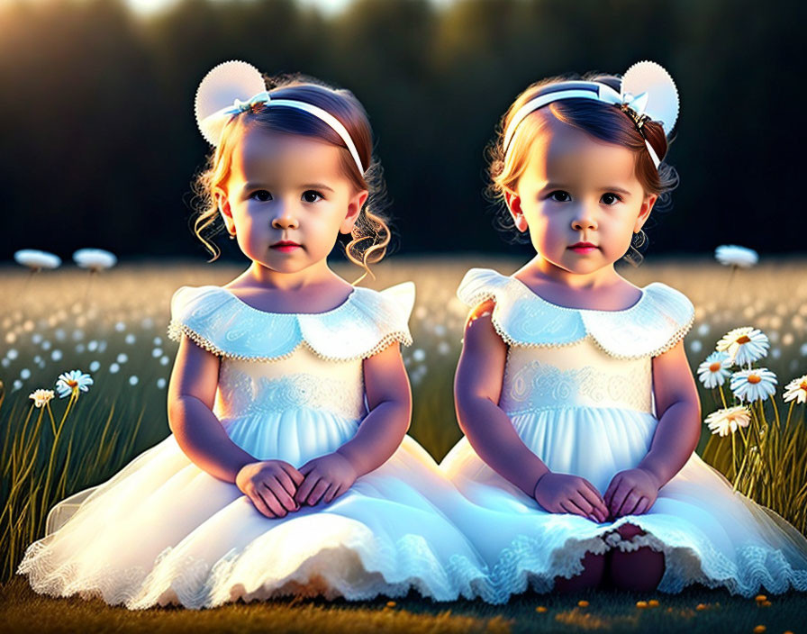 Young girls in white dresses and headbands in daisy field at golden hour