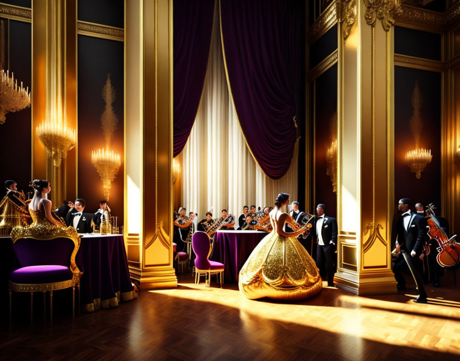 Luxurious Ballroom Scene with Classical Music Ensemble and Elegantly Dressed Guests