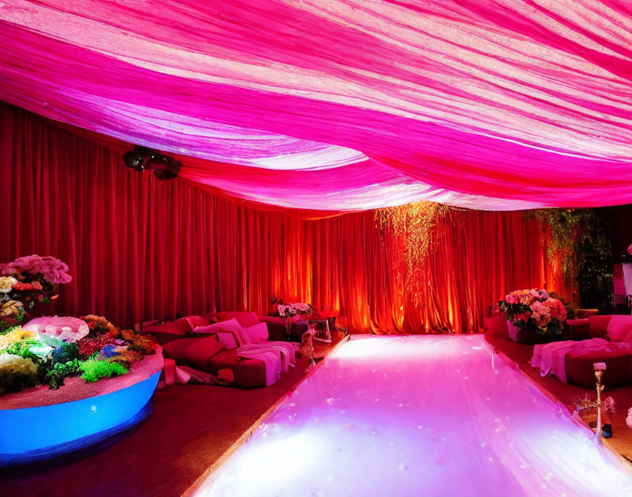 Elegant event space with pink lighting, draped ceiling, glossy walkway, floral arrangements, plush seating