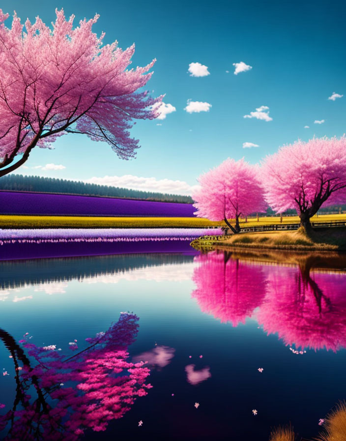 Tranquil landscape with cherry blossoms, flower fields, lake, and blue sky