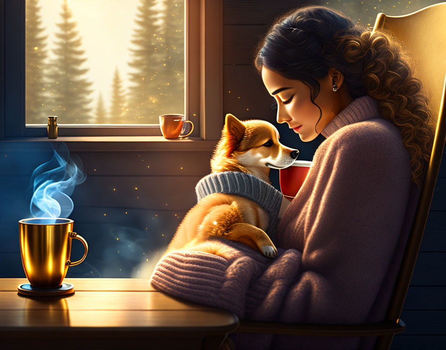 Woman in cozy sweater cuddles corgi by winter forest view window with steaming cup