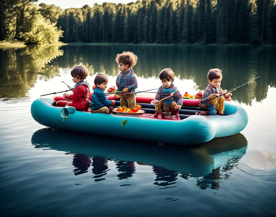 Children fishing in blue inflatable boat on calm lake with forest reflections