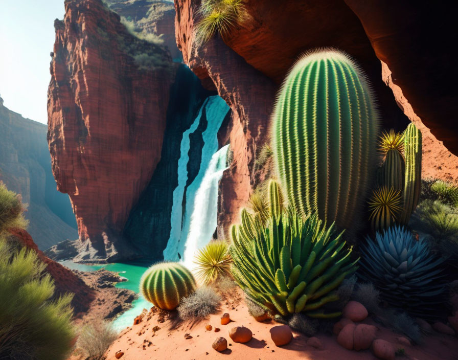 Majestic waterfall in vibrant desert landscape