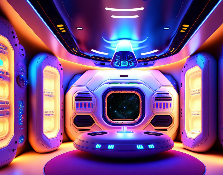 Futuristic spaceship interior with neon lights and control panels