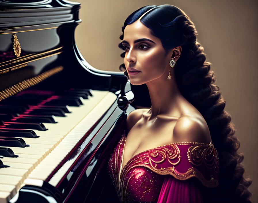 Stylish woman in red gown with glamorous makeup near grand piano