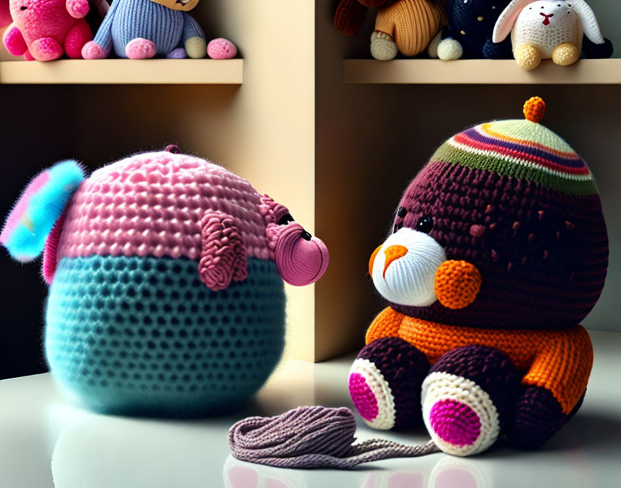 Colorful Crochet Toy Animals: Egg-shaped Bunny and Bird on Reflective Surface