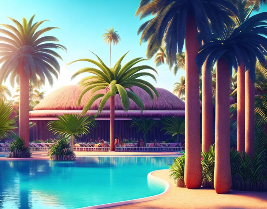 Tropical Resort Scene with Palm Trees, Pool & Bungalows