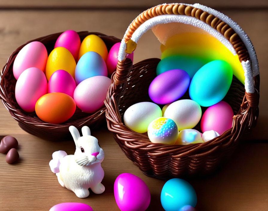 Colorful Easter Eggs and Bunny Figurine in Wicker Baskets