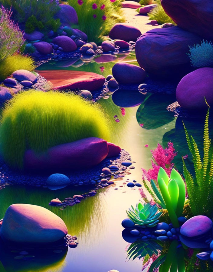 Colorful digital artwork of a whimsical garden with lush plants and reflective water.