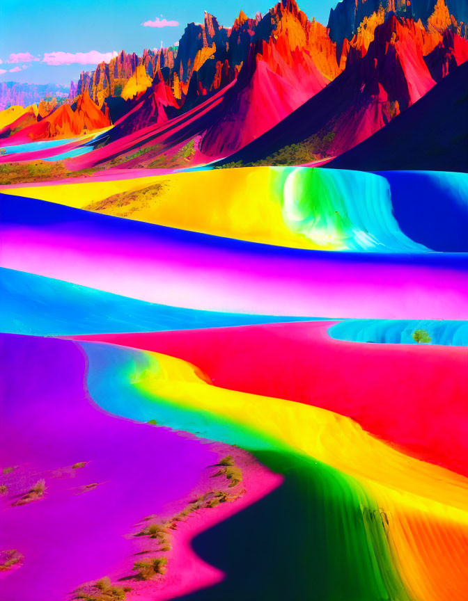 Digitally altered image of mountainous terrain with surreal rainbow colors.