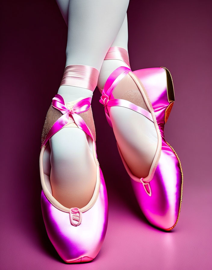 Pink satin ballet pointe shoes on dancer's feet against purple background