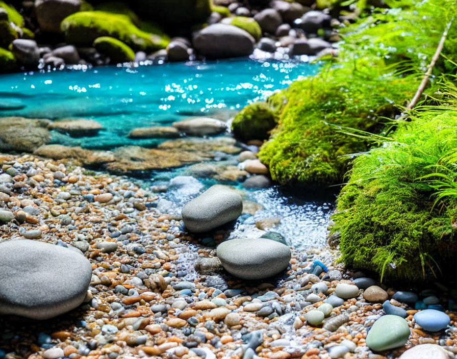 Tranquil stream with smooth pebbles and green moss under sunlight