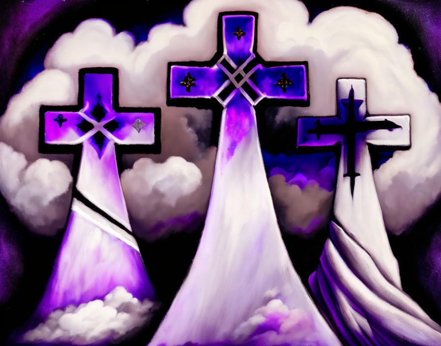 Three stylized purple crosses on dramatic cloudy backdrop