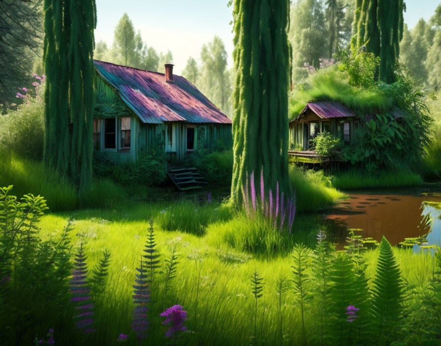 Dilapidated wooden house surrounded by overgrown green vegetation near a small pond