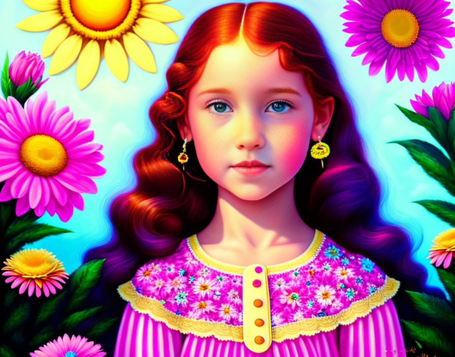 Digital illustration: Young girl with red hair and blue eyes in flower-filled scene under blue sky