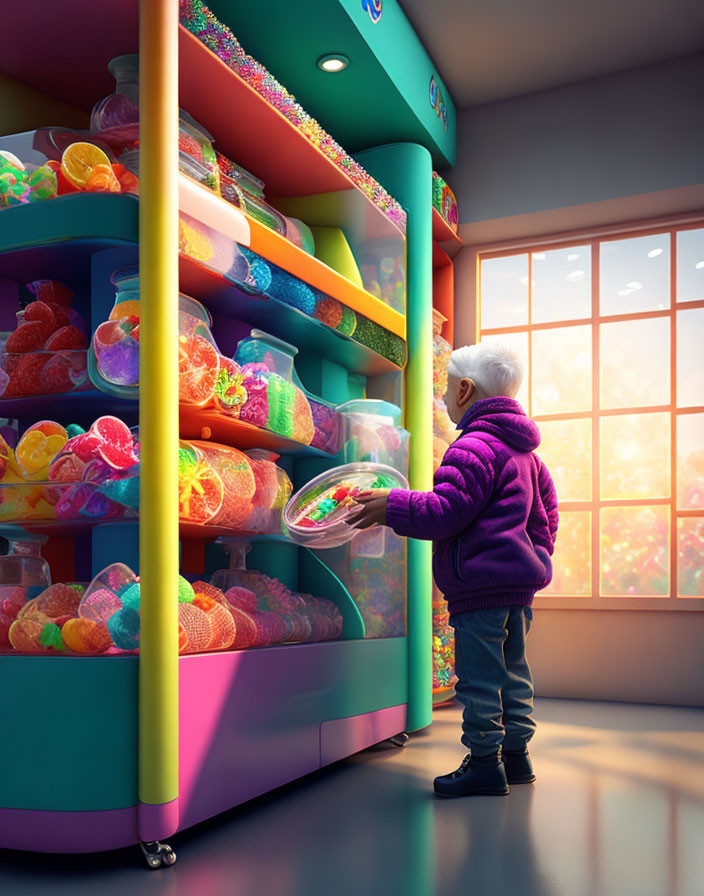 Child in Purple Jacket Selecting Sweets at Colorful Candy Vending Machine