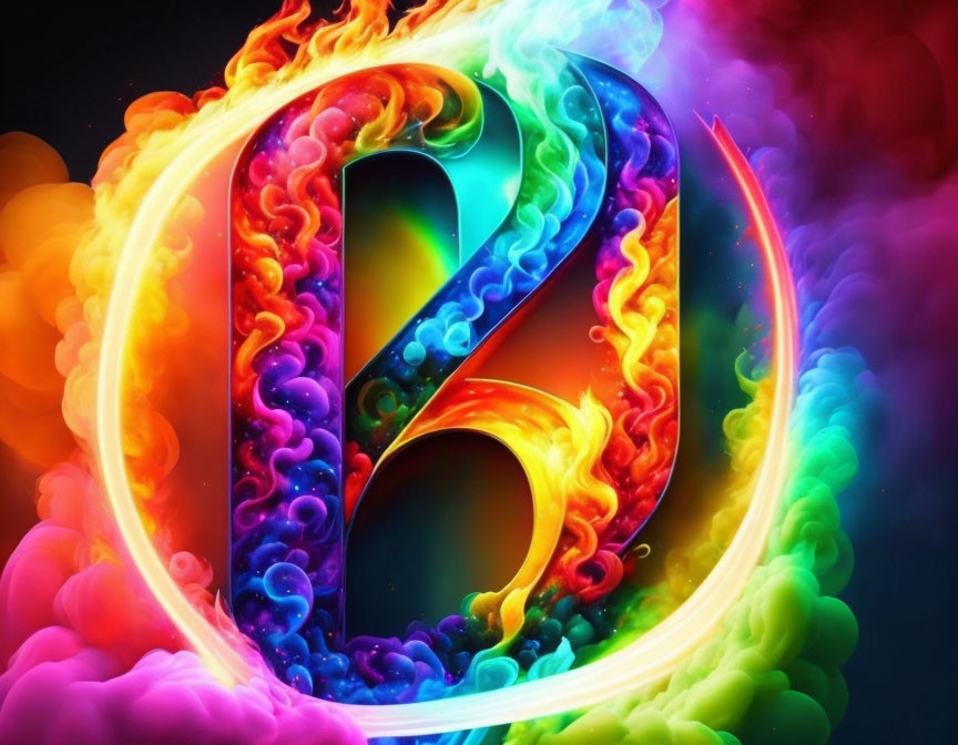 Colorful Abstract Art: Neon Twisted Numeral 6 with Rainbow Smoke Effect