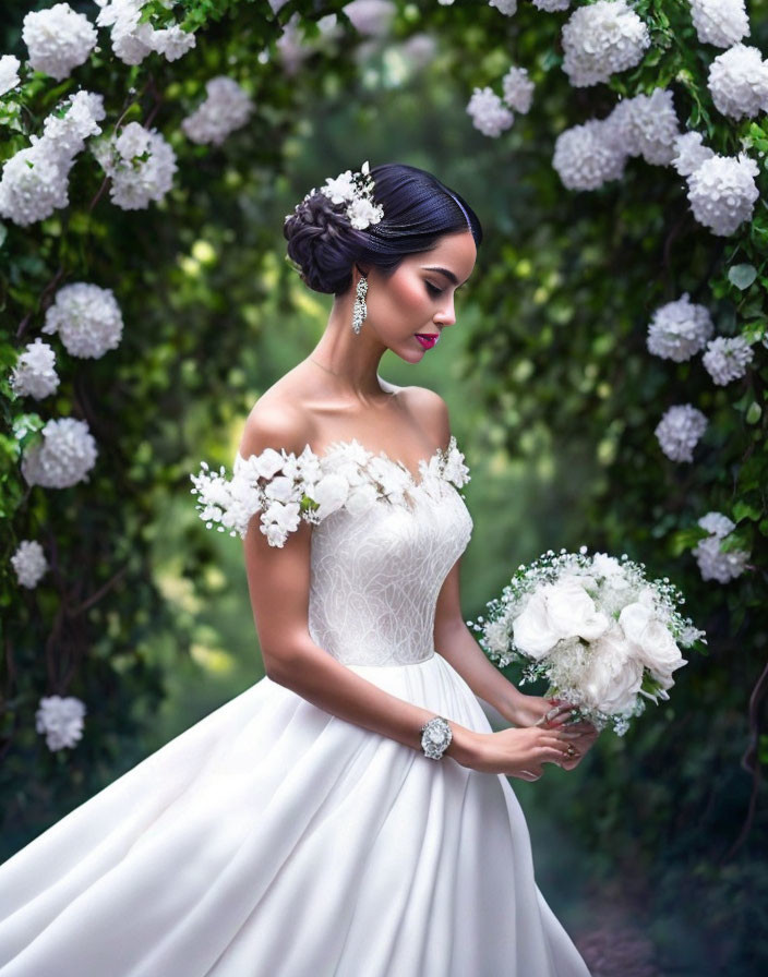 Elegant bride in floral gown among blooming flowers