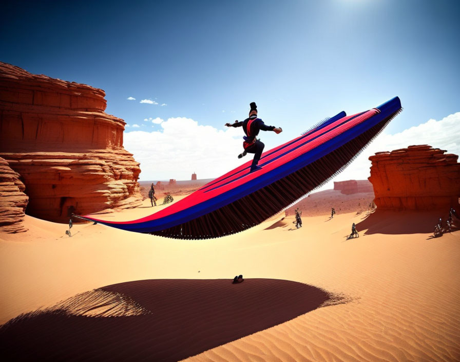 Ninja in high jump on red and blue brush in desert landscape