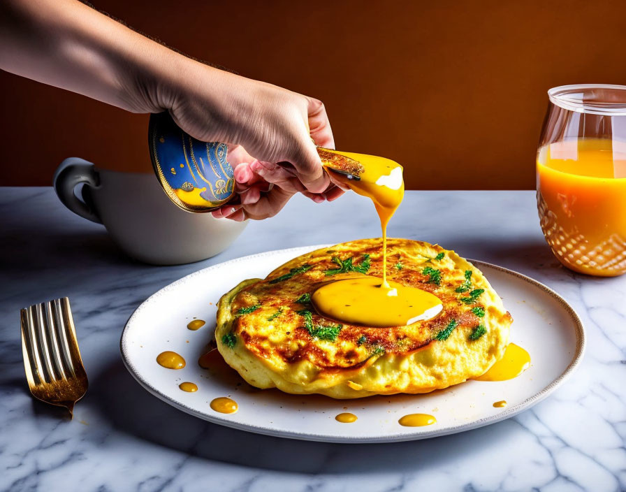 Golden syrup poured on fluffy omelette with greens and orange juice on white plate