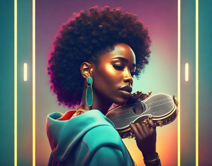 Woman with Afro Hairstyle Playing Violin in Teal Outfit