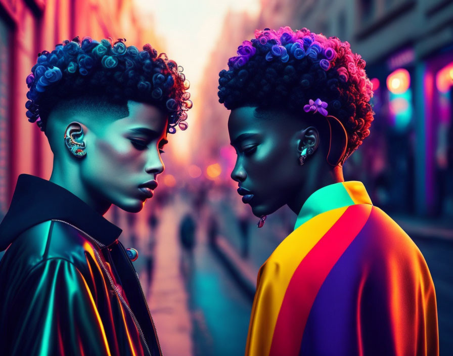 Vibrant curly-haired individuals in rainbow attire against city lights