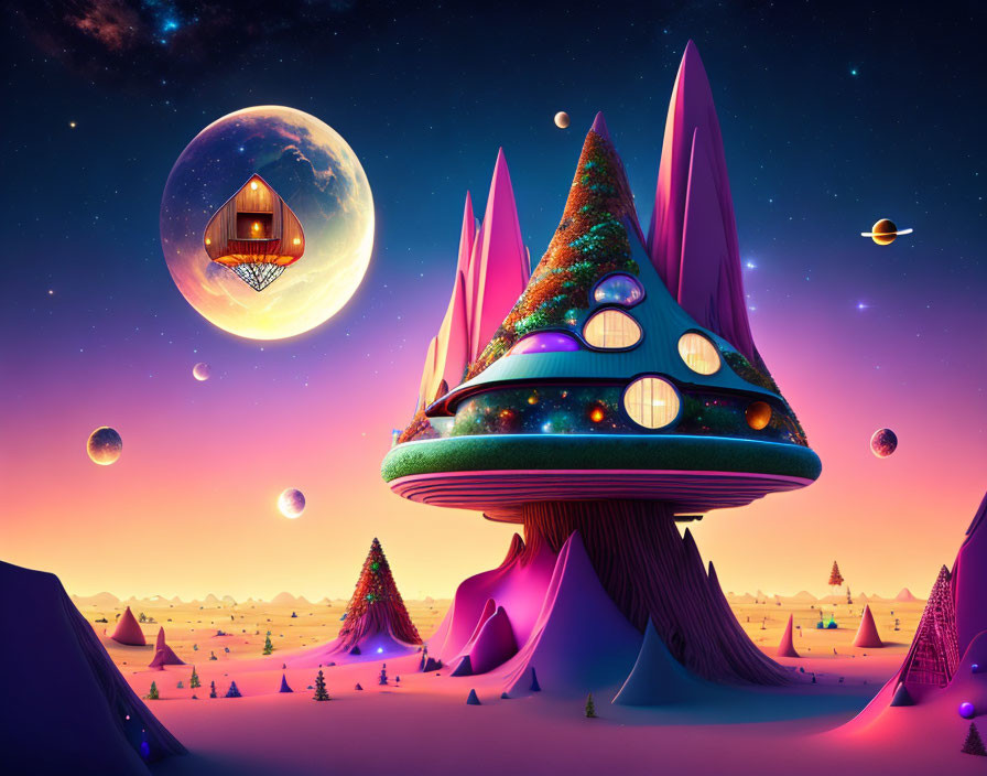 Whimsical desert landscape with mushroom house and pyramids under starry sky