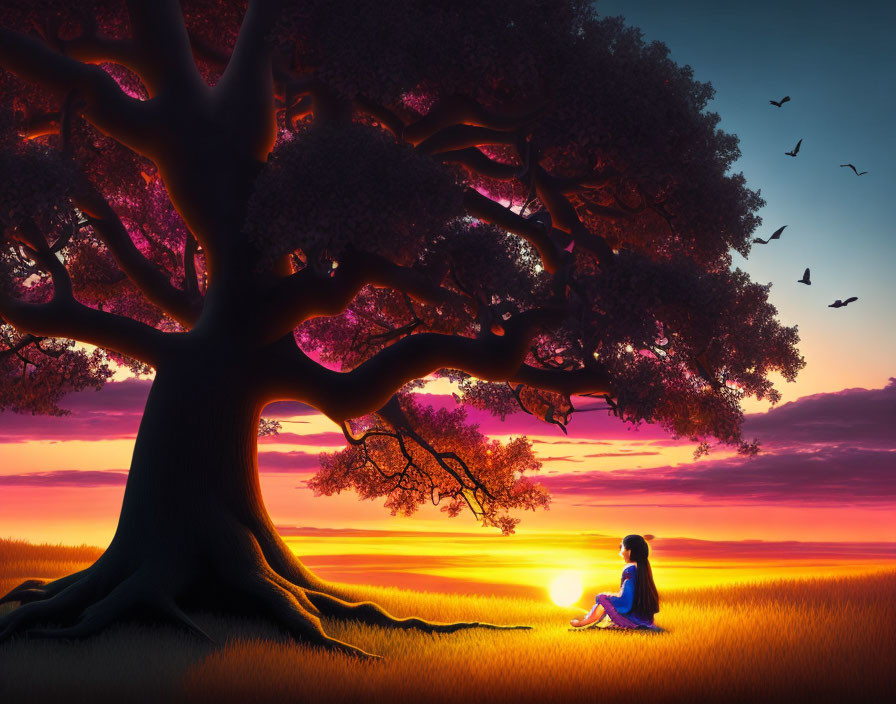 Person under large tree watching vibrant sunset over golden field with birds.