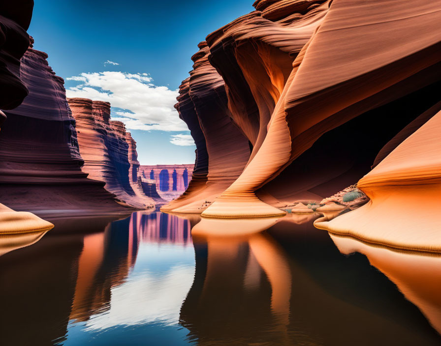 Reflective water surface in smooth sandstone canyon under blue sky.