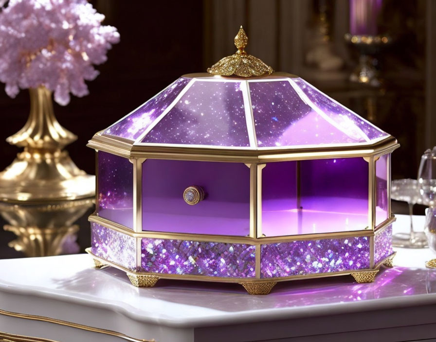 Purple and Gold Hexagonal Display Case with Illuminated Interior and Sparkling Accents