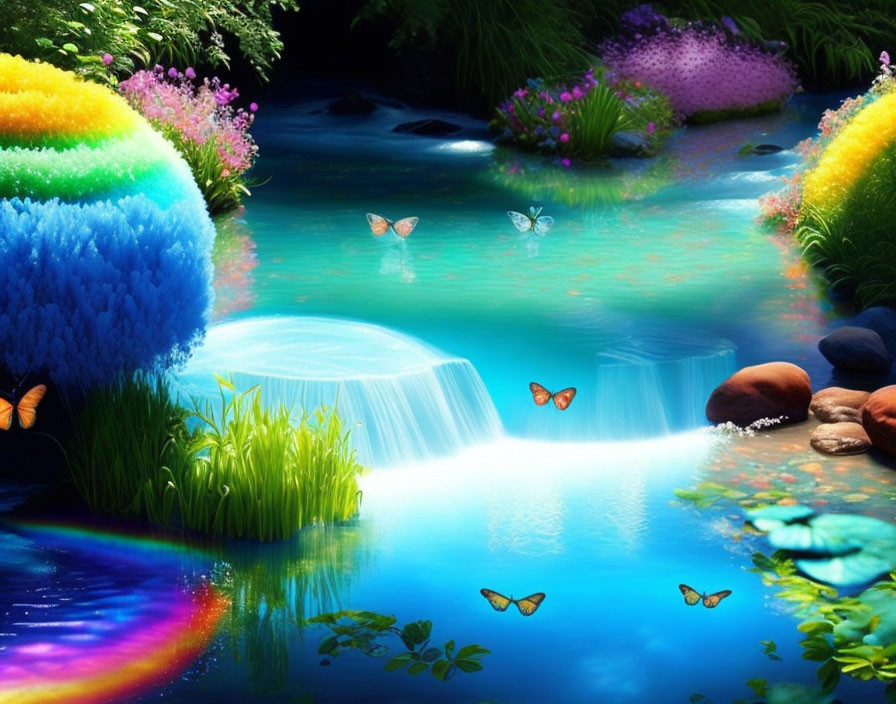 Colorful fantasy landscape with waterfall, butterflies, and rainbow.